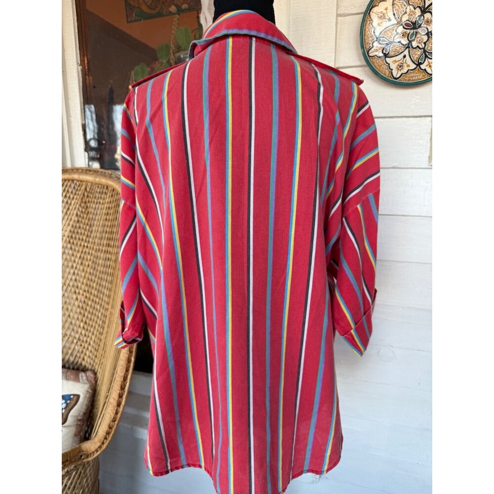 Vintage 70's Red Stripe Womens Button Blouse Cotton Blend Sz XL - Picture 2 of 13
